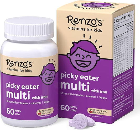 Renzo's Picky Eater Kids Multivitamin with Iron, Dissolving Kids Vitamins with Vitamin D3 & K2 and More, 60 Sugar-Free Melty Tabs, Cherry Mo’ Cherry Flavored