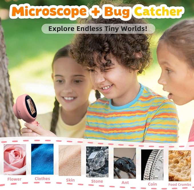 Kids Microscope with Bug Catcher Kit, 1080P Digital Mini Handheld Microscope STEM Science Toy with LED Light, Rechargeable, Portable, Supports 64GB TF Card, Educational Gift for Kids Ages 3-12 (Pink)