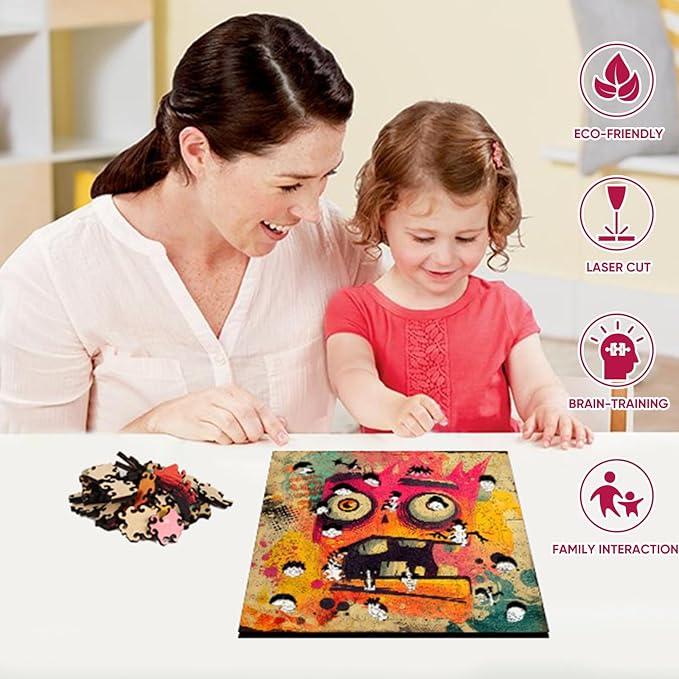 Ruikiyart Wooden Puzzles for Adults, 5MM 500 Pieces Funny Scared Expression Wooden Jigsaw Puzzle, Unique Shaped Puzzle Gifts for Adults and Kids on Christmas, Family Puzzle Games (Red, 15.9''x15.9'')