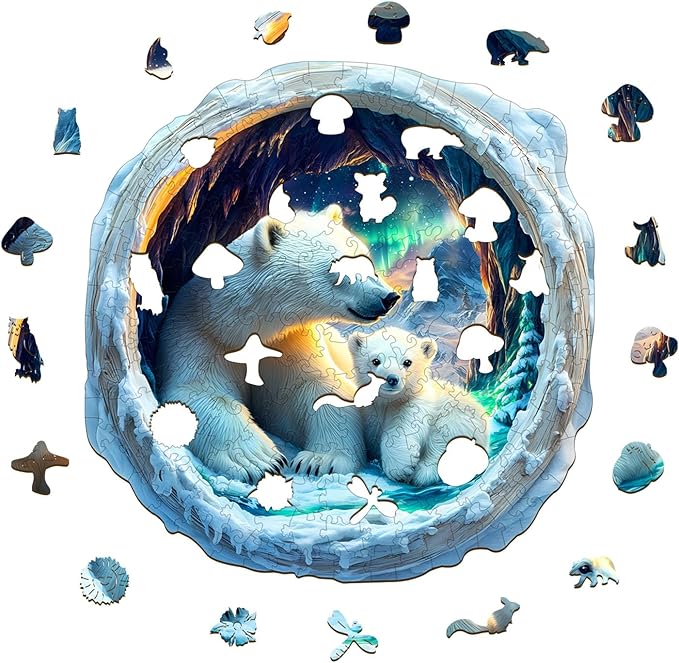 KAAYEE Wooden Puzzles for Adults, 3D Vision Effect Warm Aurora Cave Bear Wooden Jigsaw Puzzle Unique Shape Wood Puzzle Adult, 3D Effect Flat Puzzle Birthday Family Game (M-11.4 * 11.1 in-200pcs)