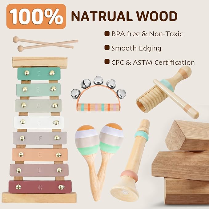 LeeQee Montessori Toys for 1 2 3 Year Old - Wooden Toys Baby Musical Instruments, Neutral Colors Percussion Instruments Set with Modern Boho Xylophone for Toddlers 3+ Music Education