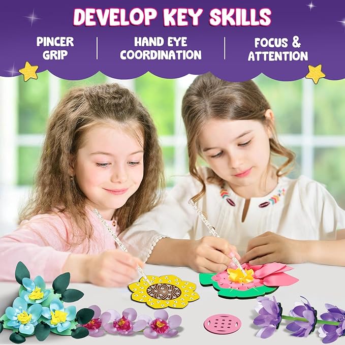 SmartCraft Art & Craft Kit - Poke Art Flower Making Kit for Kids Ages 4, 5, 6, 7, 8, 9, 10 Years Old, Create 8 Beautiful Flowers with Pot, Creative Birthday Gift for Girls & Boys, DIY Fun Activity Kit