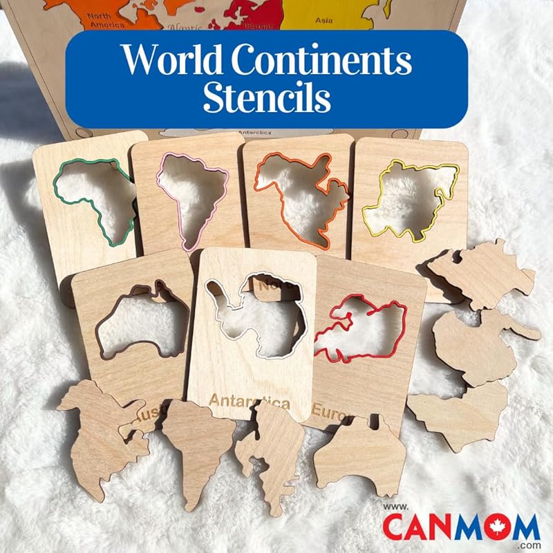 Handcrafted Wooden Continent Stencils – Montessori Geography Learning Tool, World Map Outline Stencil Set for Kids