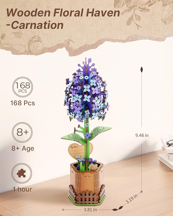 Welsky 3D Lilac Wooden Puzzles for Adults, DIY Wooden Flower Craft Kit, Artificial Flowers Model Kit to Assemble for Adults.(3.25 * 2.9 * 9.48 in 168PCS)