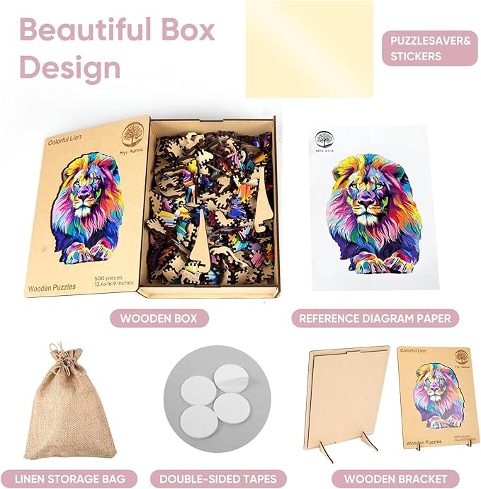 Unique Wooden Jigsaw Puzzles - Lion, 500 Pcs King Size 13.4'' x 16.9'', Luxurious Animal Shaped Wood Puzzle, Beautiful Package, Best Gift for Adults