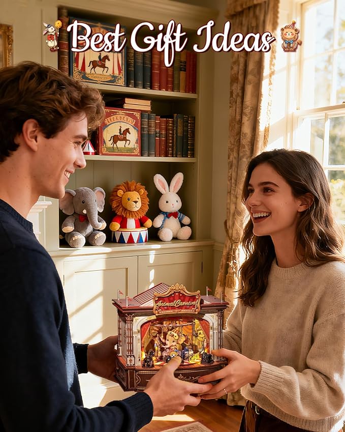 CUTEBEE 3D Wooden Puzzles Music Box - Merry-go-Round DIY Book Nook, Rotating Mechanical Model Building Kit, Wooden Music Box Kit with LED, Craft Hobbies Kit for Adults Birthday for Adults