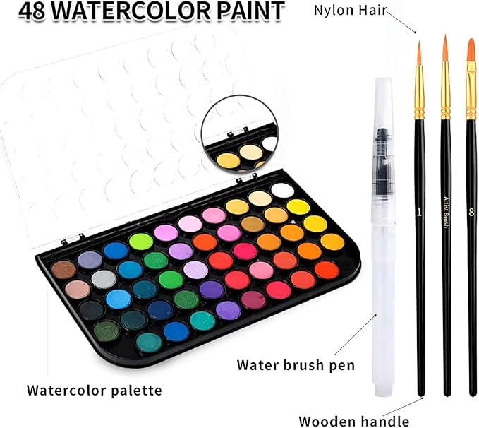 Watercolor Paint,48 Colors Washable Watercolor Paint Set With Brush, Refillable Water Brush Pen, Palette, and Water-Washable Paints for Kids, Adults and Artists.