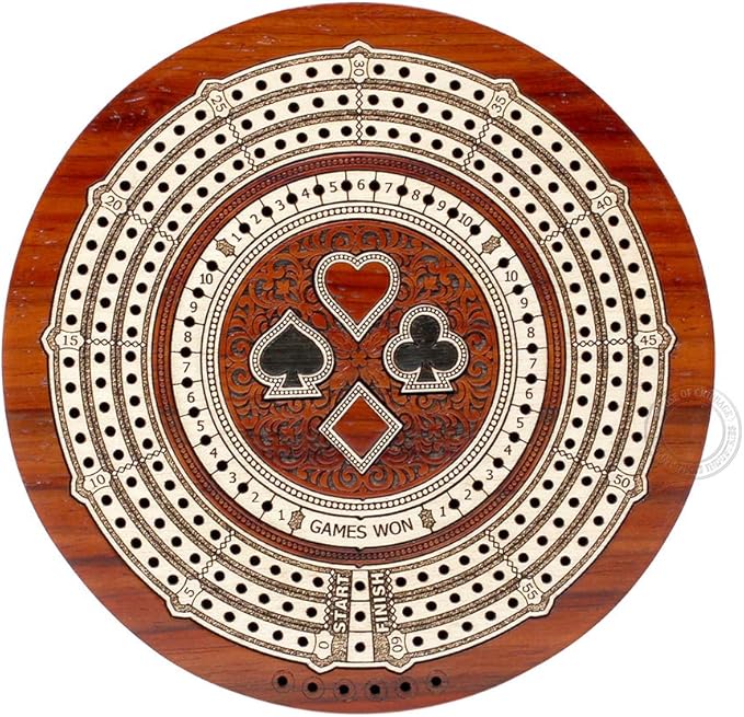 House of Cribbage - Round Shape 3 Track Non-Continuous Cribbage Board - Push Drawer Storage for Pegs and 1 Deck of Cards with Score Marking Fields for Won Games (Bloodwood/Maple Wood)