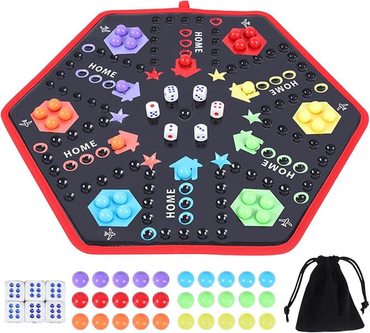 Wahoo Board Game Classic Marble Board Game Fast Track Game Foldable Base for 4 or 6 Players,with 6 Color,30 Marbles,6 Dices for Family Friends Party