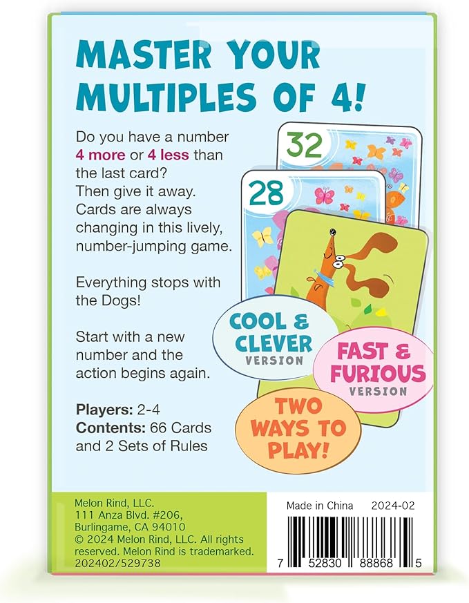 Melon Rind Jump 4, Math Game for Kids Learning Multiples of 4, Lively Puppy Themed Card Game, a Fun Math Activity for Boosting Confidence, Quick and Easy Screenless Fun, Ages 7+