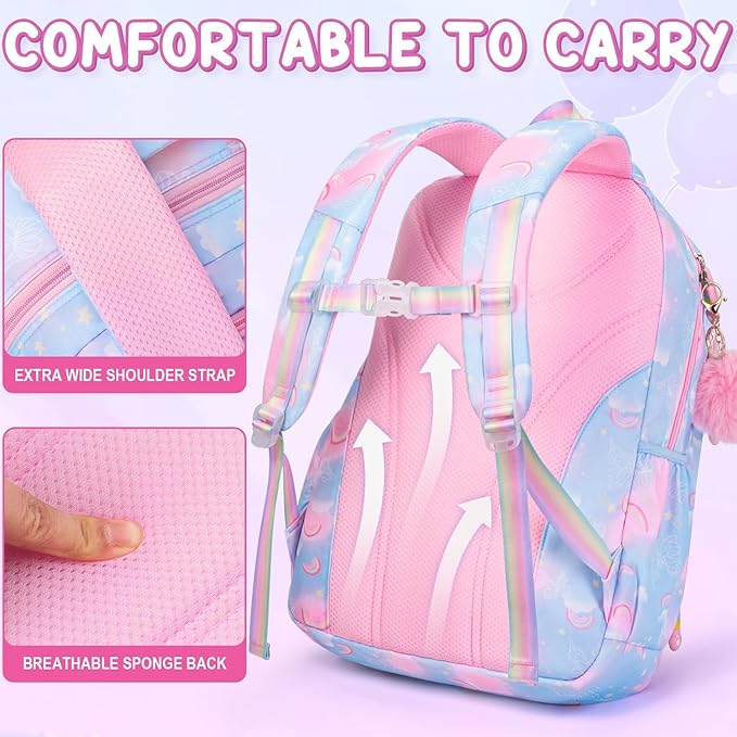 Fimibuke Kids Backpack for Girls, 3PCS Rainbow & Butterflies Teen Girls Backpack with Lunch Box Pencil Case, Cute Purple Bookbag School Bag for Kindergarten Elementary Middle School Student Ages 5+