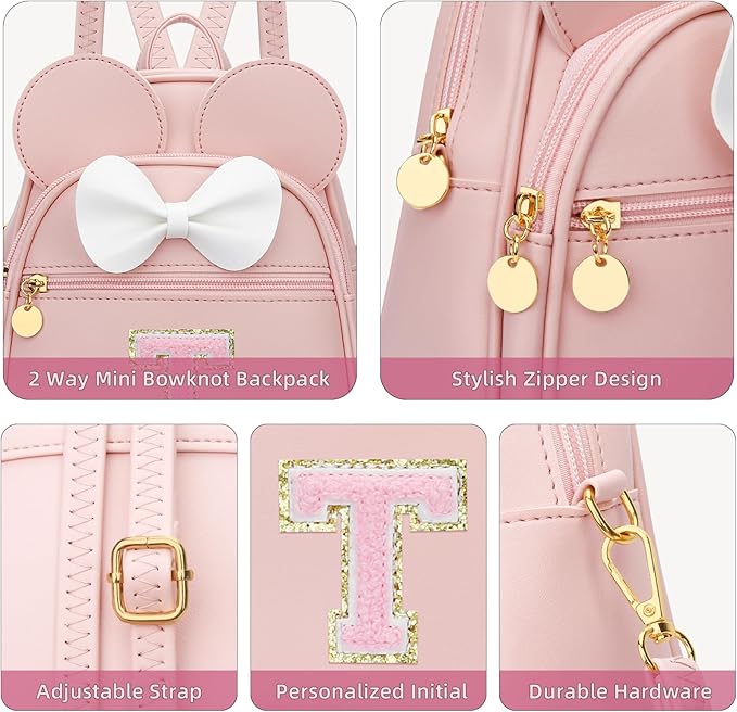 KKXIU Girls Initial Bowknot Cute Mini Backpack for Toddler, Travel Small Girl Backpacks, Personalized Trendy Stuff Gift for Little Girls and Kids(T, Pink)