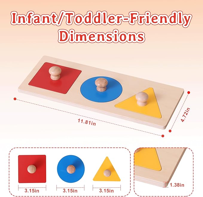 Montessori Wooden Color Shape Sorting Puzzle for Kids, Multiple Geometric Peg Puzzles with Jumbo Knob for 18+ Months Baby, Preschool Shape Sorter Montessori Learning Toys (3 Pieces)