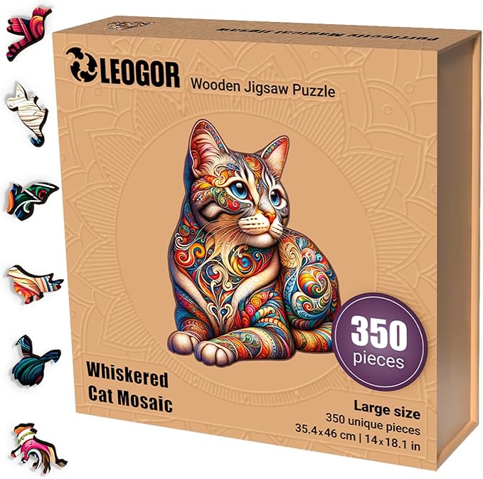 LEOGOR Wooden Jigsaw Puzzles for Adults 350 Pieces (14 × 18.1 in), Cat Puzzle, Extra-Thick 5mm Wood, Colorful Mosaic Design, Unique Animal Shapes, Artistic & Relaxing Gift for Adults and Teens