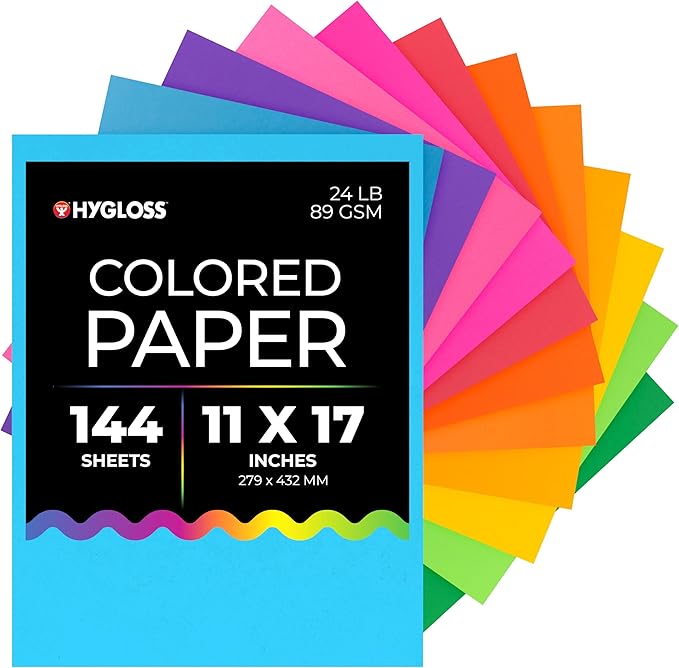 Hygloss Assorted Bright Colored Paper - 24 lb, 89 GSM, Acid-Free, Fade-Resistant, 11x17-Inch Ledger Size Color Copy Paper, 144 Sheets, 12 Colors