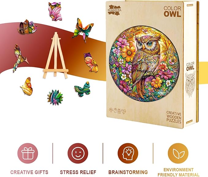 Wooden Puzzles for Adults - Challenging Colorful Owl Adult Puzzle, Unique Animal Shaped Wooden Jigsaw Puzzles for Adults, Creative Gifts Family Games 11.4 * 11.4in 200pcs