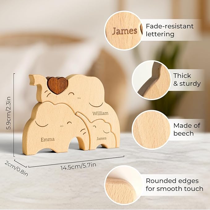 Wooden Elephant Family Puzzle, Personalized Puzzles with 2–5 Names, Father's Day Mother‘s Day Personalized Gifts for Mom Dad Kids Teen Boys Girls Grandma, Toddler Men Birthday