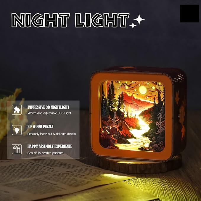 3D Puzzle Nightlight-DIY LED Light Wooden Puzzle-Art Lamp and Craft Kits for Adults-Birthday Gifts Toys-Home Desk Decor Family Game (Autumn Forest)