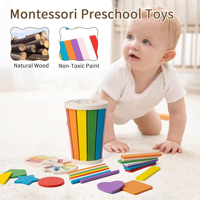 Montessori Toys for 1-3 Year Old, Wooden Color Sorting Learning Toys for Toddlers, Fine Motor Skills Toys for 2-3, Sensory Development Educational Matching Games, 18 Month Old Toy Baby Boys Girls