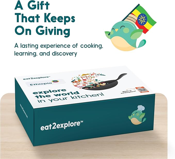 eat2explore Cooking Kits for Kids - Interactive & Educational Set with 3 Recipe Cards, Key Ingredients & Cooking Tools - Ideal Idea for Kids who Love to Create Meals (Ethiopia Edition)