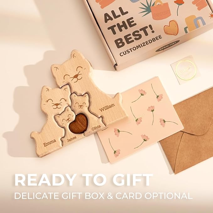 Wooden Cat Family Puzzle, Personalized Puzzles with 2-5 Names, Mothers Day Birthday Personalized Gifts for Mom Dad Grandma Kids Teen Boys Girls, Toddler Men Christmas Thanksgiving Decorations