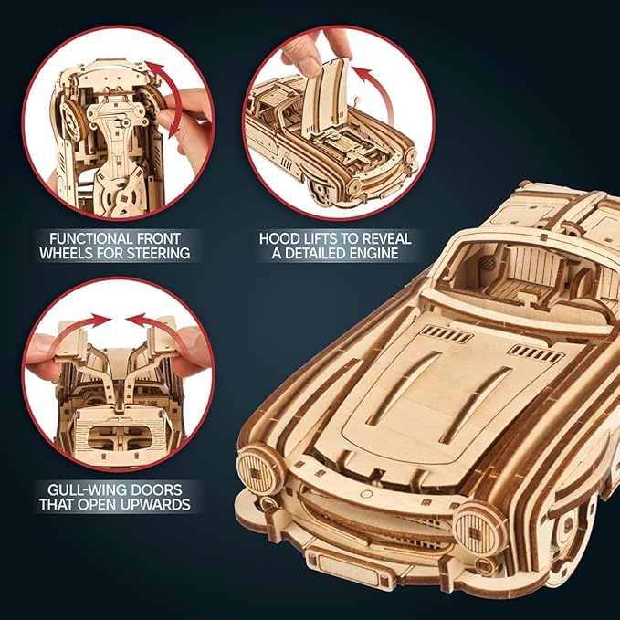 UGEARS Winged Sports Coupe Model Car Kit - 3D Wooden Puzzle for Adults – Model Kit for Adults to Build - DIY Wooden Car with Authentic Gull-Wing Design