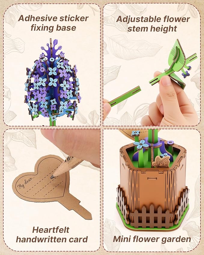 Welsky 3D Lilac Wooden Puzzles for Adults, DIY Wooden Flower Craft Kit, Artificial Flowers Model Kit to Assemble for Adults.(3.25 * 2.9 * 9.48 in 168PCS)