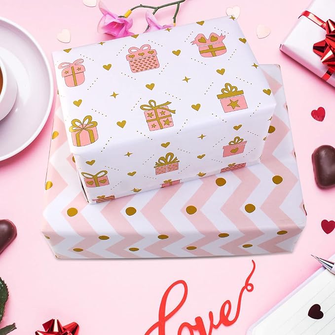 Wrapping Paper Pink Gold Birthday Gift Wrapping Paper for Girls Women-Soft Pink Gift Wrap Paper and Ribbon Sticker,Pretty Present Wrap Folded Sheets for Party,Wedding,Valentine's Day(6 Sheets, 27.5"Lx19.6"W per Sheet)