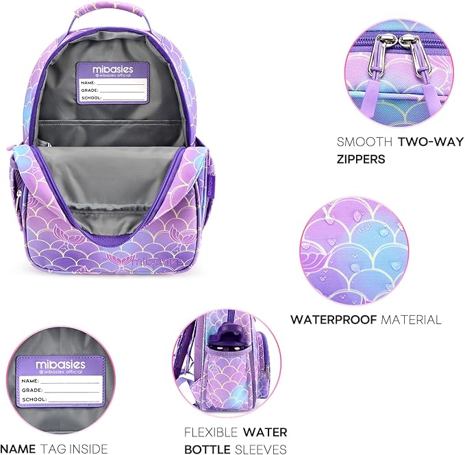 mibasies Toddler Backpack for Girls 2-4: Cute Kids Backpacks for Girls - Preschool Kindergarten Backpack - Mermaid Tail Purple