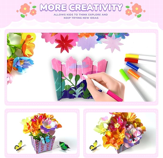 Fabric Flower Bouquets Toys - Flower Making Kit for Kids - DIY Flower Craft Kit, Gifts for 3 4 5 6 7 8 9 10 11 12 Year Old Girls, Preschool Learning Educational Activity Birthday Gifts Party Favors