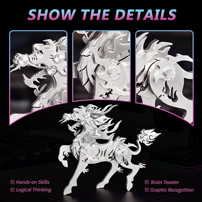 3D Metal Puzzles,3D Metal Puzzle for Adults,Mechanical Model Kit Flaming Kirin,Steel 3D Puzzles Stainless Steel Ornaments for Adults Home Decor Art Craft Gifts Toys.
