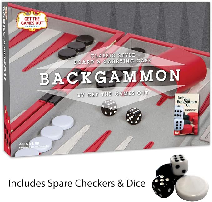 Get The Games Out Backgammon Set, Classic Board Game Case, 2 Players, Includes Strategy & Tip Guide, Perfect for Parties and Family Game Nights - Small, Red