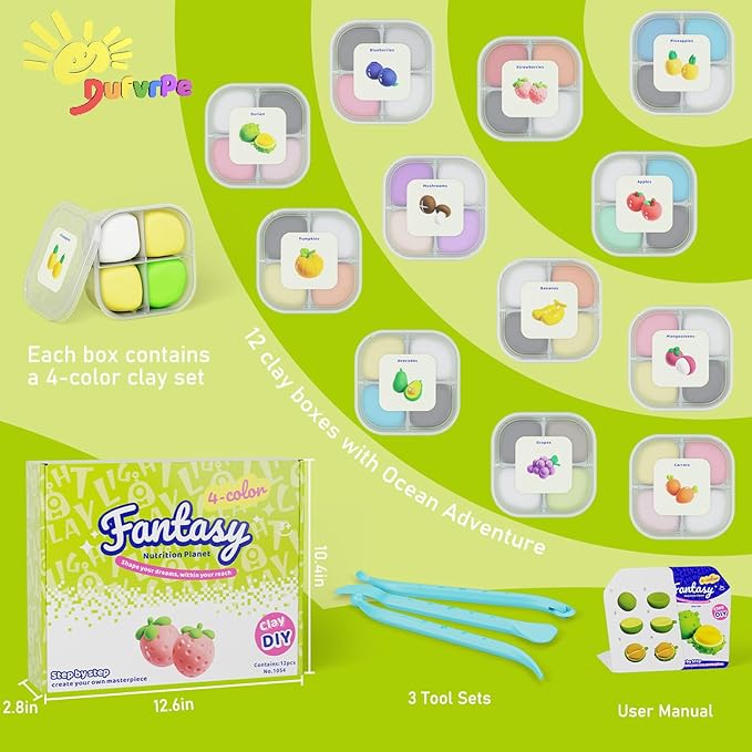 Air Dry Modeling Clay for Kids - Nutrition Planet, 12 Boxes Clay Kit with 4 Tools & Tutorials, Soft DIY Craft Kit for Art Projects, Creative Gift for Boys & Girls Ages 3+