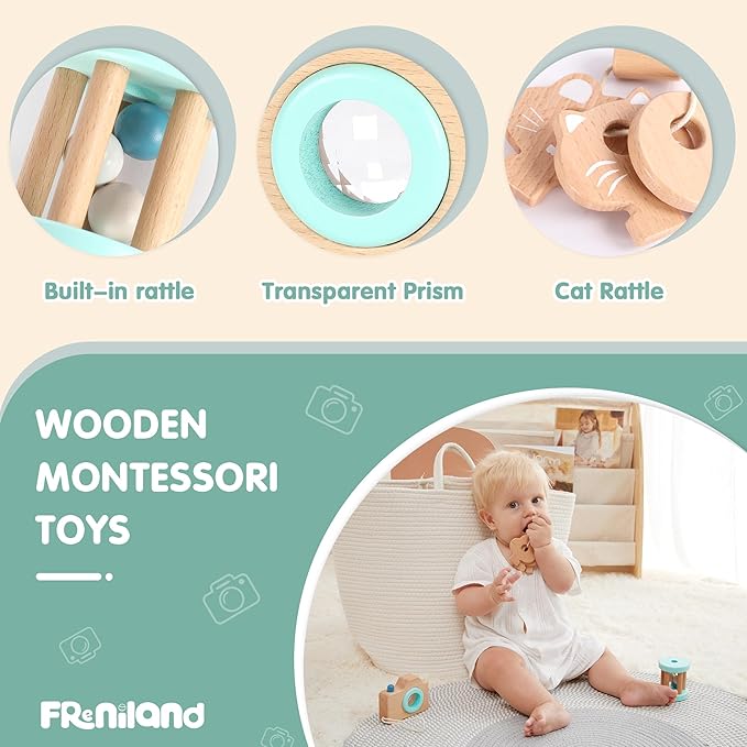 FReniland Wooden Montessori Toys, 3-Piece Wooden Baby Toys, Rotating Drum Toy, Camera Kaleidoscope Toys, Baby Key Rattles,Newborn Baby Gift Sets for Boys and Girls