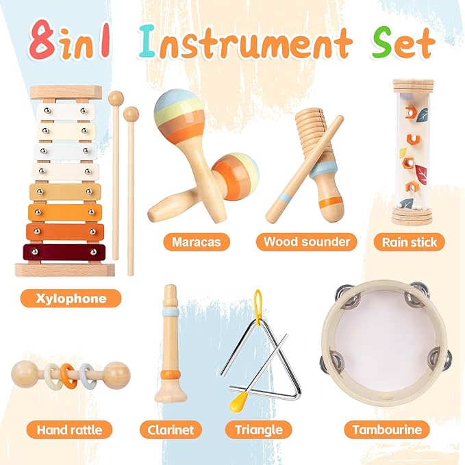 Toddler Musical Instruments Sets, Montessori Wooden Percussion Educational Baby Musical Toys Xylophone Maracas Tambourine for Kids, 2 3 4 Year Old Girls Boys Birthday Gifts