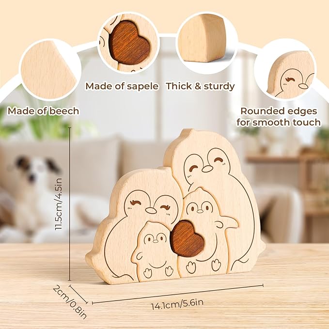 Wooden Penguin Family Puzzle Games, Personalized 3 Name Puzzle for Home Crafts Decor, House Warming Birthday Party Gifts for Mom Dad Grandma Kids New Baby, Wooden Penguin Family