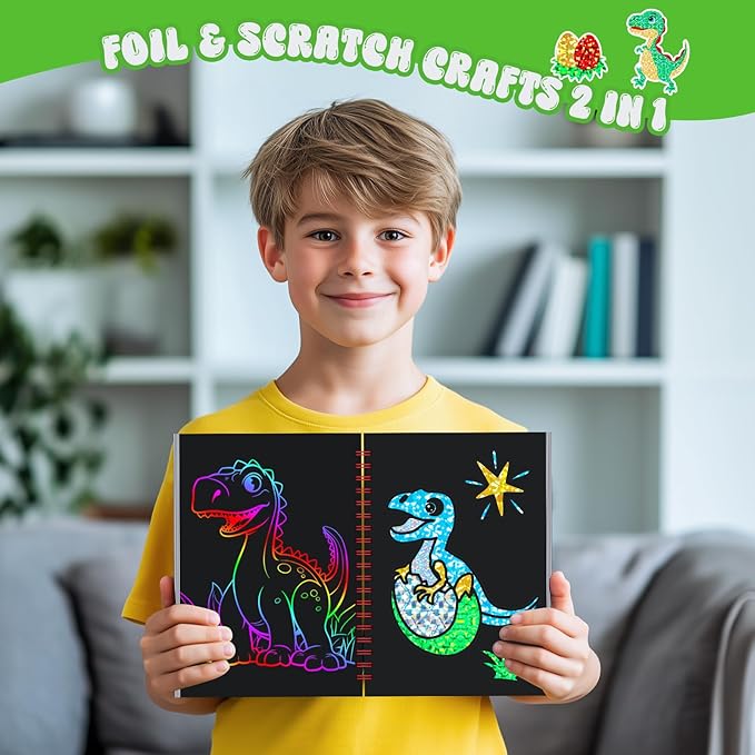 homicozy Art & Craft Activity for Kids - Foil Fun Dinosaurs & Scratch Art Book 2-in-1, No Mess Art Crafts for boys,DIY Creative Activity Kit,Gifts for Boys and Girls Ages 4, 5, 6, 7, 8, 9, Travel Toys