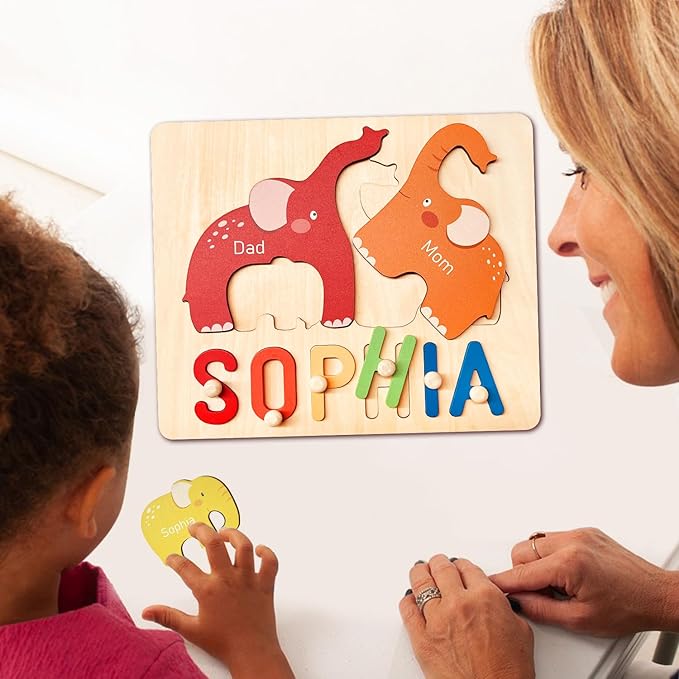 Personalized Baby Name Puzzle | Custom Wooden Baby Toy for Toddlers 1-3 Age 3+ | Montessori Learning Toys for Boys & Girls | Perfect Kids Gift for First Birthdays & Christmas (Elephants)