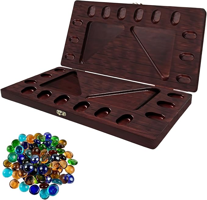 4-Player Mancala Board Game, Foldable Solid Wood with 110 Multi-Coloured Glass Beads, Instruction Manual, Non-Slip Mat,Suitable for Family Party Travelling Adults Puzzle Interactive Game.