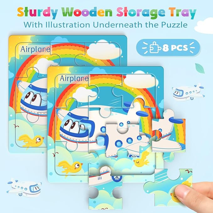 Wooden Puzzles for Toddlers, 8 Pack Vehicle Jigsaw Puzzles for Kids3-5, 9 Pieces Preschool Learning Activities, Learning & Educational Toys, Gift for Boys, Girls