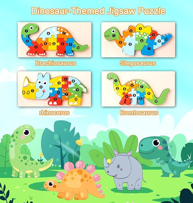 4-Pack Wooden Puzzles for Kids Ages 3-5, 3 Dinosaurs and an Animal Puzzles, Ideal Gift for Toddler
