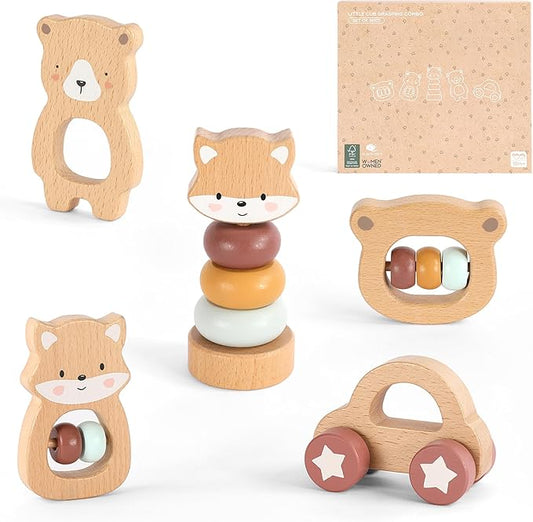 Freniland Wooden Montessori Toys, 5-Piece Wooden Baby Toys, Bear Wooden Baby Rattle, Fox Stacking Ring,Wooden Car Push and Pull Toys, Bear Grasping Toys,Newborn Baby Gift Sets for Boys and Girls