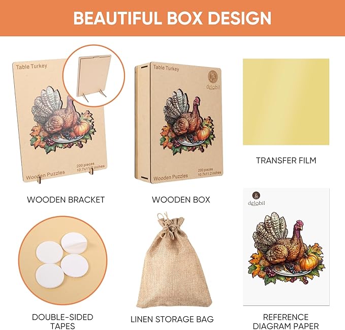 delobil Thanksgiving Wooden Puzzles for Adults, Autumn Table Turkey Jigsaw Puzzles 200Pcs, 11.2x10.7in, Medium Size, Unique Shape Adult Fall Puzzle, Thanksgiving Gift for Adults and Kids Family Game
