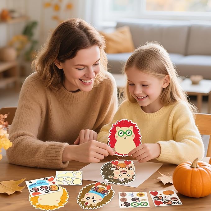 JUNEBRUSHS 30 Piece Fall Hedgehog Craft Set, Autumn Self-Adhesive Stickers Thanksgiving Make Your Own Crafts for Art Classroom Home Fall Harvest Event Party Supplies Decoration