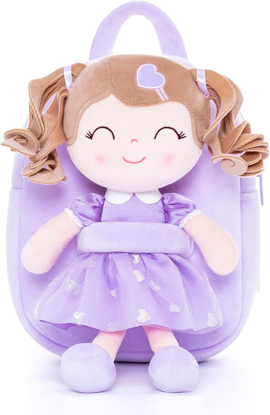 Gloveleya Back to School Gifts for Girls Toddler Backpack Baby Girls Gift Plush Bag Diaper Bag with Spring Girl Doll Curly Hair Girl Toys with Love Purple 9 Inches