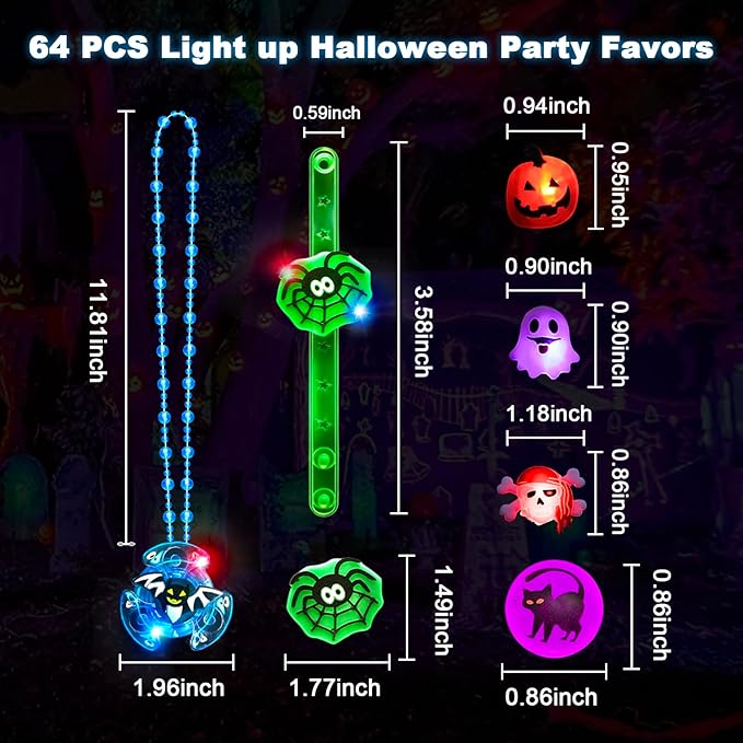 64 PCS Halloween Party Favors for Kids, Glow in The Dark Halloween Toys Bulk Light Up Ring Necklaces Bracelet Halloween Goodie Bag Fillers Stuffers Treats for Classroom Prizes Trick or Treat Gifts