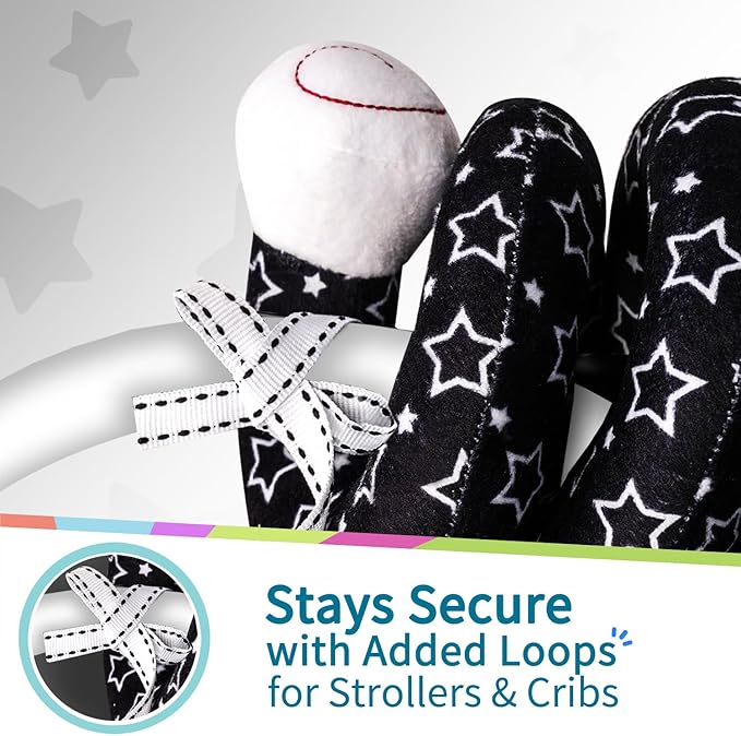 LiKee Spiral Car Seat Toys for Babies 0-6 Months, Black High Contrast Plush Hanging Baby Stroller Toys, Crib & Carseat Sensory Activity for Newborn, Ages 0+ Years 6-12 Month Infants Boy Girl Gifts