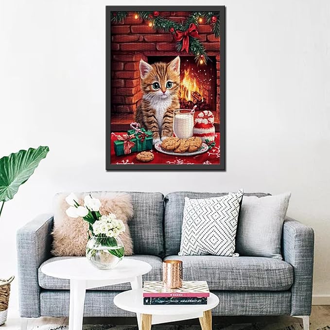 Cute Cat 1000 Piece Jigsaw Puzzles for Adults Merry Christmas Painting Jigsaw Puzzle Fireplace 1000 Pieces Puzzles Game Living Room Wall Decor DIY Craft Animal/Wildlife Puzzle Art Gift(Colorful)