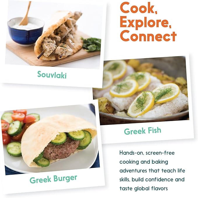 eat2explore Cooking Kits for Kids - Interactive & Educational Set with 3 Recipe Cards, Key Ingredients & Cooking Tools - Ideal Idea for Kids who Love to Create Meals (Greece Edition)