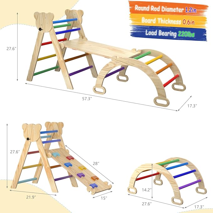 Large Pikler Triangle Set, 5 in 1 Foldable Baby Climbing Gym Indoor Montessori Climbing Set Wooden Toddler Climbing Toys with Arch, Ramp, Ladder, Rainbow